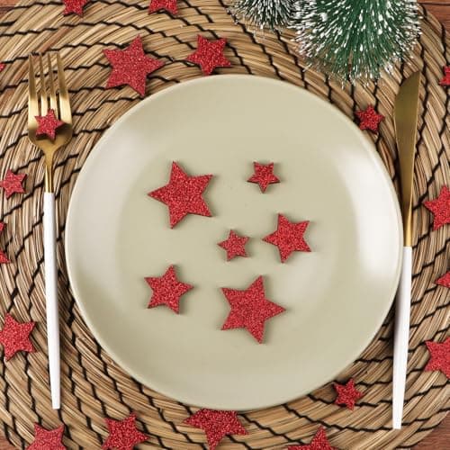 36Pcs Etoile Bois Noël Confetti Scintillant Décoration à disperser Table Cadeau Noël (Etoile à 5 branches Rouge)