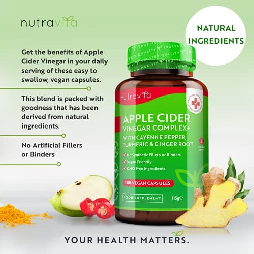 Vinaigre de Cidre de Pomme 1033 mg - 180 gélules végane de vinaigre de cidre bio - Avec du poivre de Cayenne, du curcuma et du gingembre - Fabriqué par Nutravita