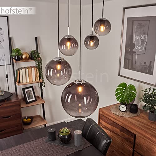 Suspension Degevos, plafonnier à 5 flammes en métal/verre chromé/fumé, suspension moderne avec boules en verre véritable, hauteur max. 120 cm, E27, sans ampoules