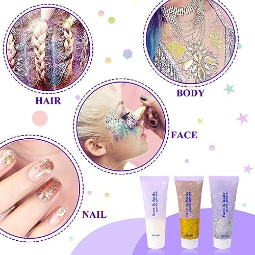 Sularpek Paillettes Visage, 3 Couleurs Paillettes Corps 50g, Paillette Maquillage, Mermaid Sequins Body Glitter, Paillette Gel Liquide, pour Festival Fête Noël Pâques Maquillage Décoration
