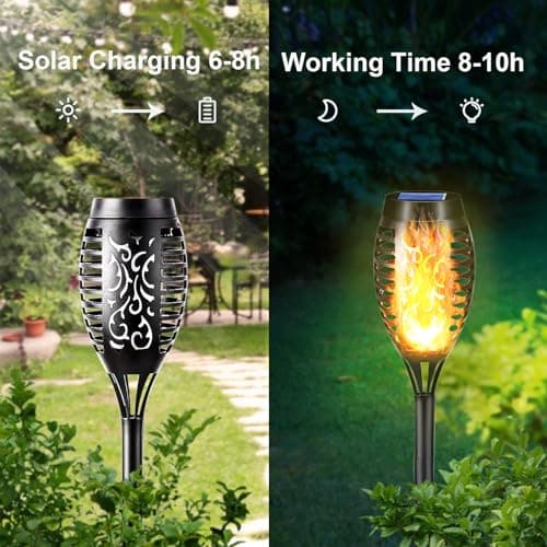 LQWELL Lampes solaires pour jardin extérieur, paquet de 6 lampes solaires à 12 LED avec effet de flamme, torches de jardin étanches IP65, éclairage solaire (Blanc chaud 6 pièces)