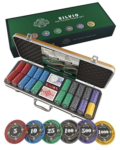 Bullets Playing Cards - Coffret de poker Silvio – Set de poker avec 500 jetons de poker en céramique avec valeurs imprimées, avec bouton de dealer en céramique, lot de 2 cartes de poker