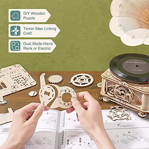 ROKR Puzzle 3D Maquette en Bois a Construire pour Adulte Enfants Maquette Gramophone Classique Kits de Modèles de Bricolage Construction Jouet, Modes Automatique et Manuel LKB01D
