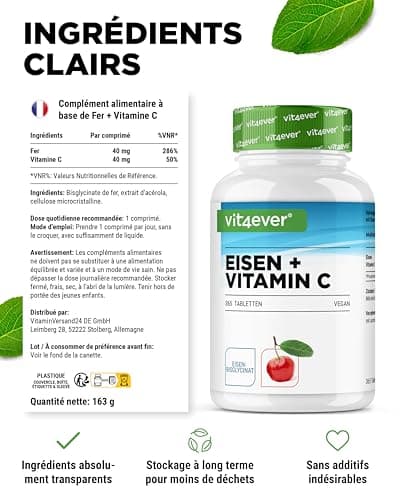Fer - 365 comprimés avec 40 mg de fer pur + vitamine C naturelle - Matière première de qualité supérieure : bisglycinate de fer (chélate de fer) - Hautement dosé - Végétalien