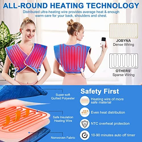 JOBYNA Coussin chauffant électrique pour épaule et dos, Bandoulière chauffante pour crampes, douleurs musculaires, Coussin de Thermothérapie, lavable, Arrêt automatique, réglable de 30 à 70°C, 90x77cm