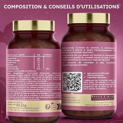 Sommeil, 1.9mg de Mélatonine pour mieux Dormir | FORMAT 4 MOIS - Calme l'esprit & le Corps, Valériane, Mélisse, Safran, Vitamine B6 | Sans accoutumance, 120 gélules, Made in France - Beauty&Wild