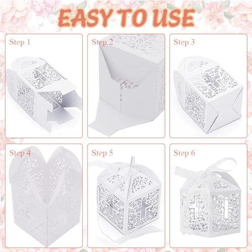 HEKOBAG 50 Pièces Boites à Dragées, Boîte à Bonbon Mariage avec 50 Rubans, Boîte Cadeau Mariage, Petite Boîte Emballage Cadeau pour Mariage, Communion, Baptême, Baby Shower, Noël (5x5x8cm)