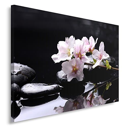 Feeby Frames, Tableau seul panneau, Tableau imprimé xxl, Tableau imprimé sur toile, Tableau deco, Canvas 40x50 cm, ZEN, CERISIER SAUVAGE, GALETS, EAU, NOIR, ROSE
