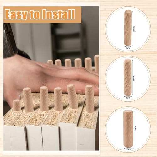 NAROSEBE 600 Pcs Cheville en Bois M6 M8 M10, Tourillons en Bois Rainurés, Cheville Bois Menuiserie, Tourillon Bricolage Conique, Cheville Bois Meuble, pour Table Placard Assemblage DIY Charpentier