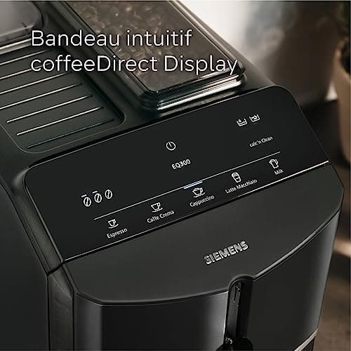 SIEMENS, machine à café tout automatique, EQ300, ceramDrive, milkPerfect, fonction oneTouch, noir piano, TF301E19