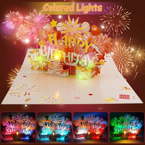 Shinybox Carte 3D Joyeux Anniversaire avec Lumières et Musique Blowable LED, Cartes D'anniversaire Pop-up 3D avec Enveloppe et Étiquette de Note pour Enfants, Femmes, Hommes, Épouse, Maman
