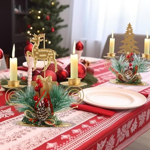 SilverChry Bougeoirs de Noël Bougeoirs Candélabres en Métal Chandelier avec Elk Arbre de Noël, Pommes de Pin et Baies Rouges, Décoration Centre de Table Fête Noël pour Maison,Cheminée,dîner,Avent (ML)