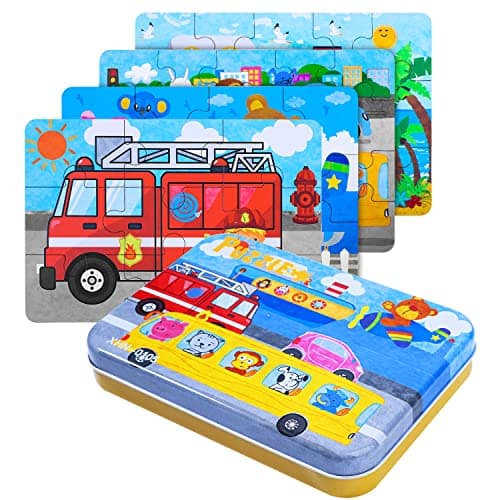 BBLIKE Boîte de 4 Puzzles en Bois pour Enfants, avec différents degrés de difficulté, Outil d'apprentissage éducatif - Meilleur Cadeau d'anniversaire pour garçons et Filles (série de Transport)