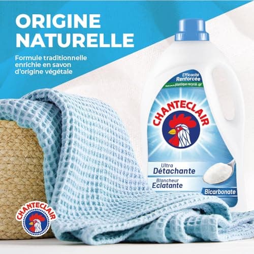 Chanteclair - Lessive Liquide Concentrées Bicarbonate, Spécialement Conçue pour le Linge Blanc, Ultra Détachantes et Efficaces aussi à Froid, 40 lavages - 8x 1800 ml