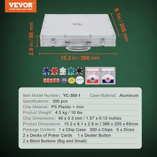 VEVOR Mallette de Poker 300PCs Jetons de Poker en Plastiques PS 11,5 g 40x3,3 mm avec 2 Jeux de Cartes 1 Bouton de Croupier et 2 Boutons Blind pour Blackjack Texas Jeux de Hasard Casino à Domicile