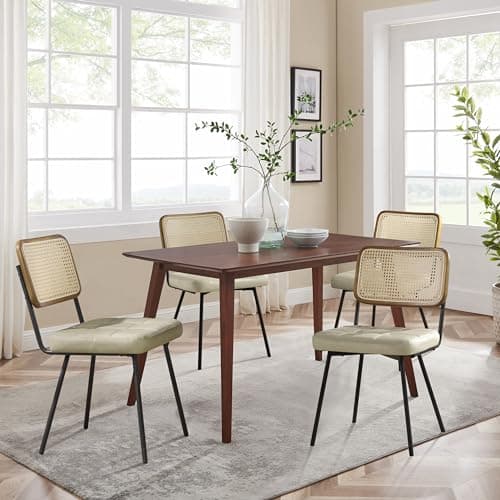 Zouron Chaises de Salle à Manger en rotin Lot de 2,Chaise de Salle à Manger Moderne du Milieu du siècle avec Pieds en métal,Chaise de Cuisine avec Dossier en rotin,Chaise en Cuir rembourré,Beige
