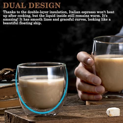 6er Set Tasse a Café Double Paroi, Tasse Double Paroi Expresso, 80 ml Tasses à Expresso en Verre, Tasses à Latte Macchiato acve 6 Cuillères, Verres a Expresso en Verre, Verre a Double pour Thé, Lait