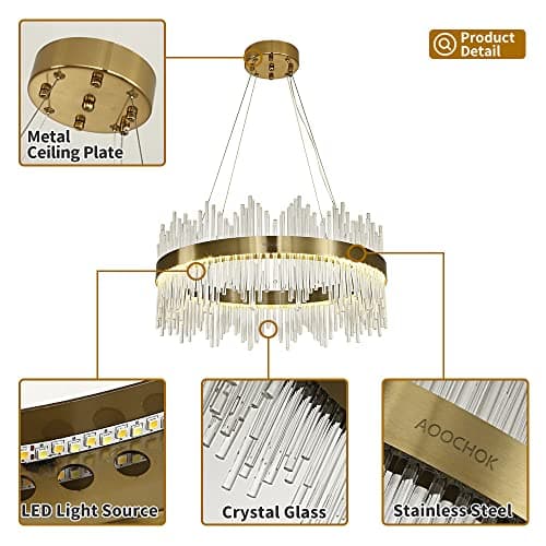 Chandelier en cristal d’or moderne pendentif Light, Dimmable lampe ronde en cristal de luxe, pour le salon, la salle à manger, la chambre, le Restaurant, Ø60 cm