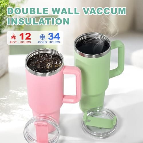 FECBK Mug Isotherme avec Paille et Poignée 1.2L, Tasse Isotherme 100% Anti-fuite, 34 Heures Froid, 12 Heures Chaud, Gobelet en Acier Inoxydable, Lavable au Lave-Vaisselle, Teal