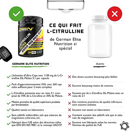 L-Citrulline 360 gélules - Extra fortement dosé avec 1100 mg par gélule - 6600 mg par portion - L-Citrulline DL-Malate 2:1 issue de la fermentation végétale - Sans additif indésirable