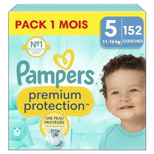 Pampers Premium Protection, Taille 5, 152 Couches, 11-16kg, Double Protection pour la peau et contre les fuites Avec Poche Stop & Protect pour aider à capturer les Fuites, Pack 1 Mois