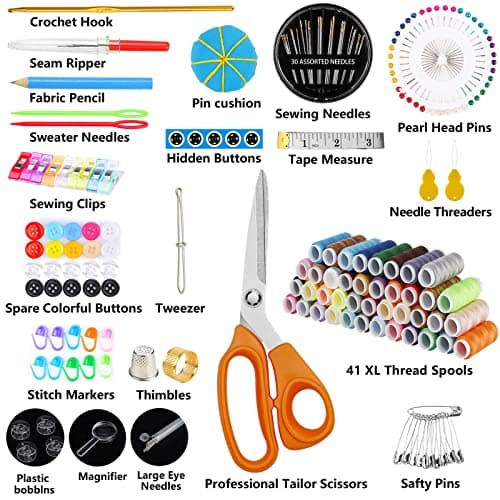 MARQUEEN Grand kit de couture professionnel, 200 fournitures de couture de qualité supérieure – Comprend des ciseaux de tailleur, 41 bobines de fil XL et 30 aiguilles, convient pour les voyageurs, les