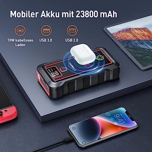 YABER Booster Batterie, 3500A 23800mAh Portable Jump Starter (Tout Gaz ou 8,0 L Diesel), Chargeur sans Fil avec Lamp LED, Écran LCD, Marteau de Sécurité, Boussole