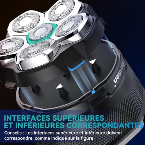 Kensen Rasoir Tete Chauve Homme 6D Rasoir Electriques Hommes Cheveux Rasoir Crane Homme Chauve IPX6 Étanche Tondeuse Crane Chauve Rotatives avec Écran LED Type-C Utilisation sans Fil 160mins Wet & Dry