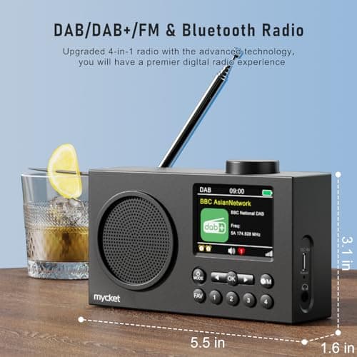 Mycket Radio Dab Portable, Radio Numérique Dab Plus avec Bluetooth, Radio FM Rechargeable, Radio de Cuisine, Double Réveil,Minuterie de Mise en Veille, 40 Stations Préréglées,Grand écran Couleur 2,4"