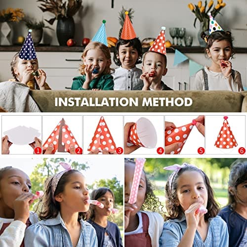 PANSYFEN 27pcs Chapeau Anniversaire Chapeaux de Fête Kit, Party Cône Chapeaux Chapeau de Couronne et Sifflet Colorées pour La Fête D'anniversaire de Fête de Garçon Fille