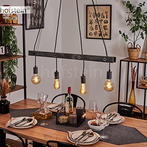 Suspension Aarhus, lampe à suspendre en métal/bois en noir/marron, 4 flammes, 4 x E27, hauteur réglable, sans ampoules