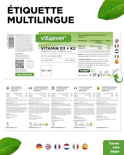 Vitamine D3 + K2 Depot - 180 comprimés - Matière première de première qualité : 99,7+% All-Trans (K2VITAL® de Kappa) - Avec 5000 U.I. de vitamine D3 par comprimé - Hautement dosé