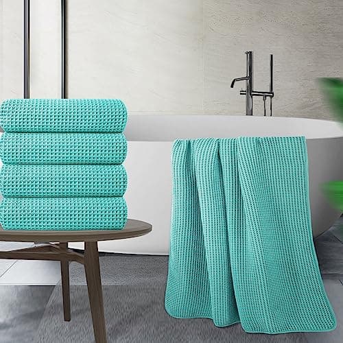 Polyte - Lot de 4 Serviettes de Bain en Microfibres - sèche Rapidement/ne Peluche Pas - Tissu alvéolé - Aqua - 152,4 x 76,2 cm