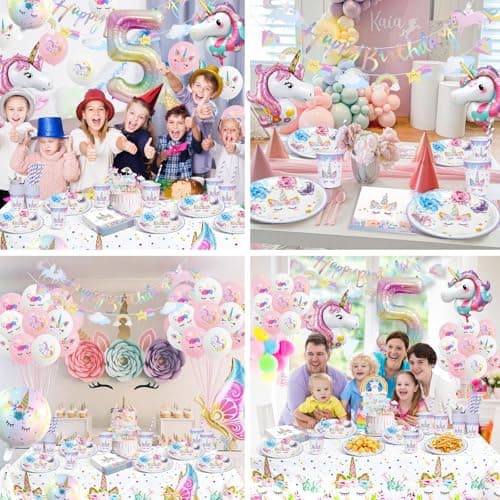 KQMGJYB Anniversaire Licorne Decoration Fille,5 Ans Licorne Vaisselle Anniversaire,Gobelets Serviettes Couverts Nappe Ballon Licorne pour 5 Ans Decoration Anniversaire 16 Invités