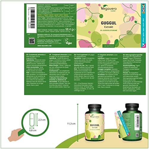 Guggul PREMIUM Vegavero® | 120 Gelules (4 mois) | 5% de Guggulstérones | Cholesterol + Antioxydant Puissant l DOSE LA PLUS ELEVEE: 500 mg d'Extrait par Gélule | Sans Additifs et VEGAN