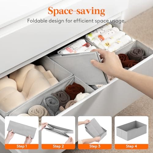 Lifewit Lot de 6 Organisateur Tiroir, Boite Rangement Vetement Pliable, Separateur Tiroirs en Tissu, Rangement sous Vetement, Panier Rangement Armoire pour Chaussettes, Cravates, Ceintures, Gris