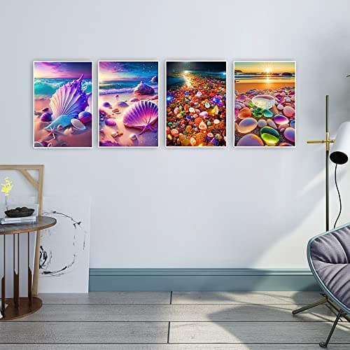 DCIDBEI 4x 3D AI Peinture Diamant Paysage Plage 40x50 cm Diamond Painting Plage et Mer Diamond Painting Paysage Bord de Mer Diamond Painting Coquillage Diamond Painting Fluorescent Pierres