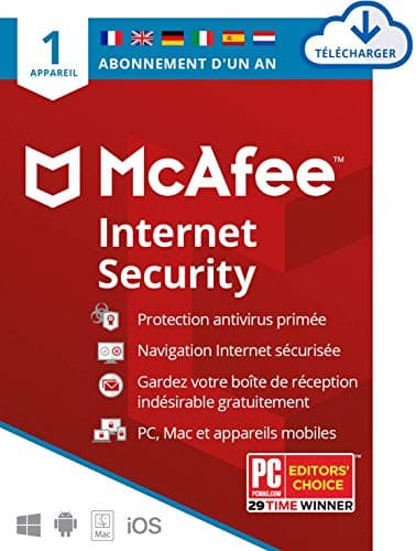 McAfee Internet Security 1 appareils 2025 | 12 mois | Protection en temps réel des ordinateurs contre les menaces émergentes et en constante évolution | Téléchargement