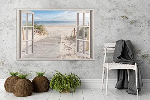 Feeby Impression sur toile Vue de la fenêtre de la plage 3D 120x80 cm 1pièce Tableaux Tableau Image Photo Moderne Décoration Murale Artistique Photographie Design Cuisine Salon Chambre à coucher Beige