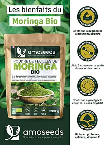 Poudre de feuilles de Moringa Bio 1KG | Vitamine A, Antioxydant, Détox, Peau | Qualité Supérieure