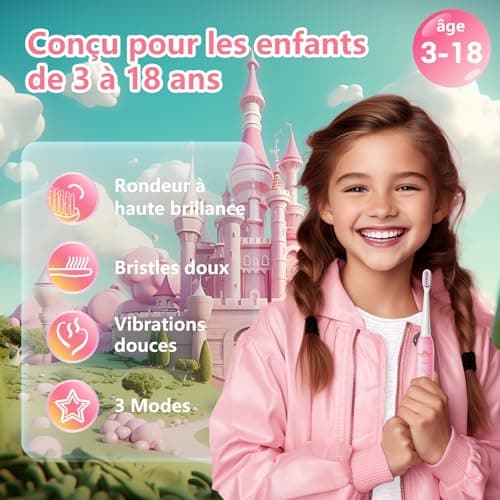 Brosse à Dents Électrique Enfant 3-6-8-12-18 Ans, Brosse a Dent Electrique Enfant Rechargeable Avec Minuteur, Autocollants pour Habitudes et 4 Têtes Douces Pour Kids Filles Et Garçons (Licorne Rose)