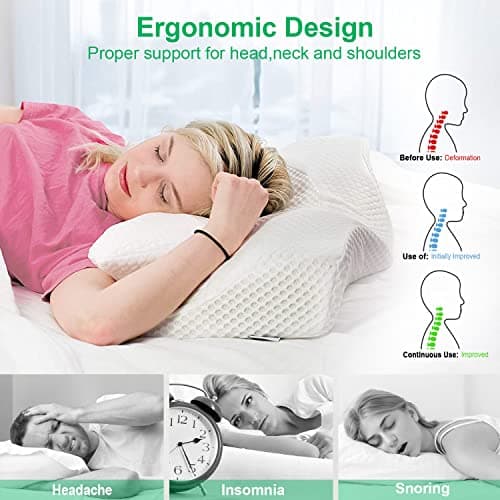 Elviros Oreiller Ergonomique Cervical, Oreillers Mémoire de Forme, Oreillers Ergonomiques pour la Nuque, Oreiller Orthopédique Anti Douleur, Décontracter Les Muscles, 64 x 12,5/10,5 x 38 cm, Blanc