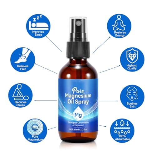 Huile de Magnésium Spray 60ml, 100% Naturelle et Pur Magnesium Oil Spray Sleep, Huile de Magnesium Organique en Spray pour le Sommeil, Sport, Massage, Relaxation Musculaire