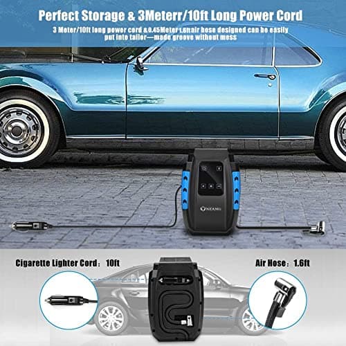 OneAmg Compresseur à Air Portatif 12V, Gonfleur Pneus Voiture 120W, Electrique Compresseur Air avec Affichage Digital et Lumière LED, 3M Câble pour Voiture Vélo (Bleu)