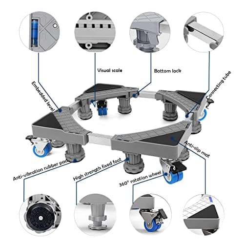 NIUXX Base de Réfrigérateur Machine à Laver Réglable 41.5cm-65cm Socle Linge Base de Sèche-linge avec 4 Roues et 8 Pieds, Réduction du Bruit Antichoc Effet Sèche-Linge