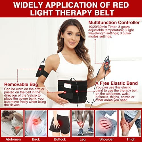 JOBYNA Ceinture de Thérapie par la lumière Rouge et Infrarouge pour Douleur, 660nm 850nm Luminothérapie Lampe Infrarouge, LED Red Light Therapy pour le corps, le dos, les épaules, Température Réglable