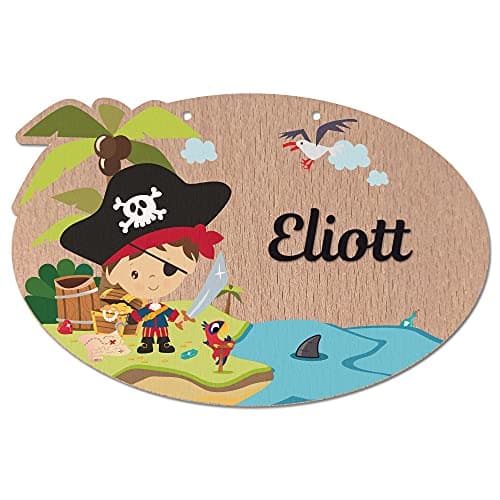 Plaque de Porte Chambre Enfant - Pancarte en Bois Personnalisable - décoration Enfant Pirate - 2 perçages en Haut, Plexi Noir