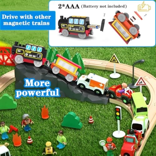LiRiQi Train électrique télécommandée Enfant Locomotive à Piles à Vapeur, Ensemble de Train à Grande Vitesse à Moteur, Train Bois Magnétique Compatible avec Thomas Brio, Jouet pour Tout-Petits Enfants