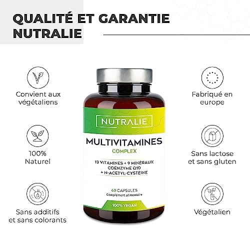 MULTIVITAMINES et Minéraux - Multi Vitamines Complètes pour Adultes Homme et Femme - Vitamines A B C D E K Zinc, Magnésium, Biotine et Q10 | 60 Gélules Veganes Bio-disponibles NUTRALIE