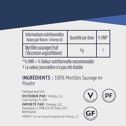 Vimergy Poudre de Myrtille Sauvage, 62 Portions – Myrtille Sauvage – Poudre de Myrtille Faites Avec Myrtilles Entières – Complément Végan – sans Sucre Ajouté ni Additifs – Sans OGM ni Gluten (250g)